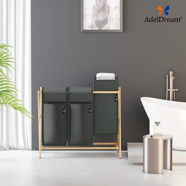 AdelDream Wäschekorb 3 Fächer 150L Bambus Wäschesammler Wäsche Sortiersystem X-förmige Wäschebox lau