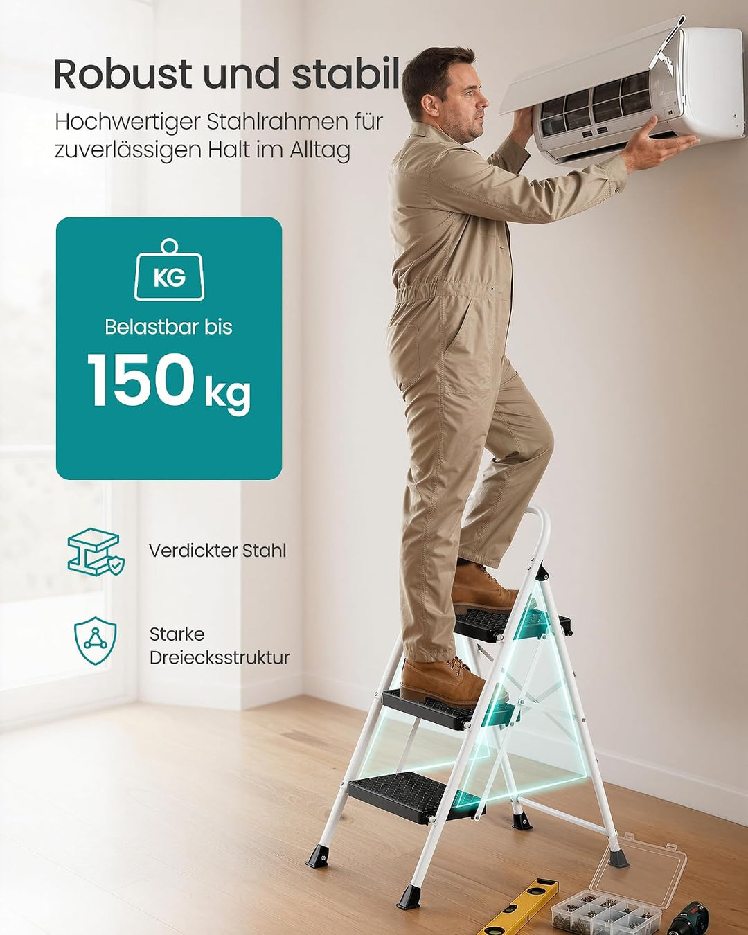 SONGMICS Trittleiter Stahl, Leiter 3 Stufen klappbar, Klappleiter belastbar bis 150 kg, Tritthocker
