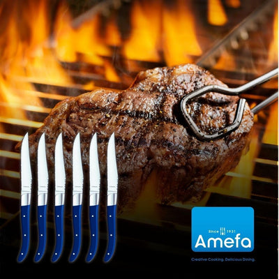 Amefa Lou Laguiole Steakmesser-Set 6-teilig | Griffe Blau | Mikro-Wellenschliff mit langanhaltender