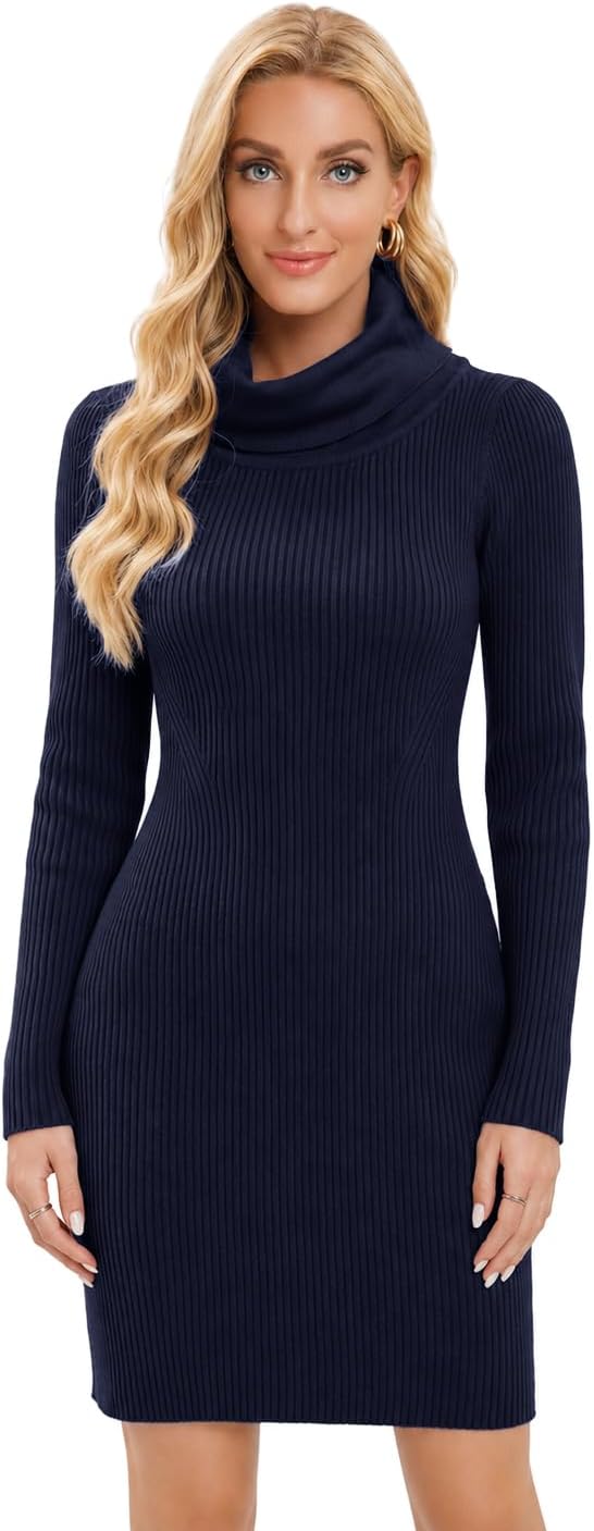 Strickkleid Damen Rollkragen Elegant Langarm Tunika Pullikleid Lang Strickpullover Minikleid Pullove