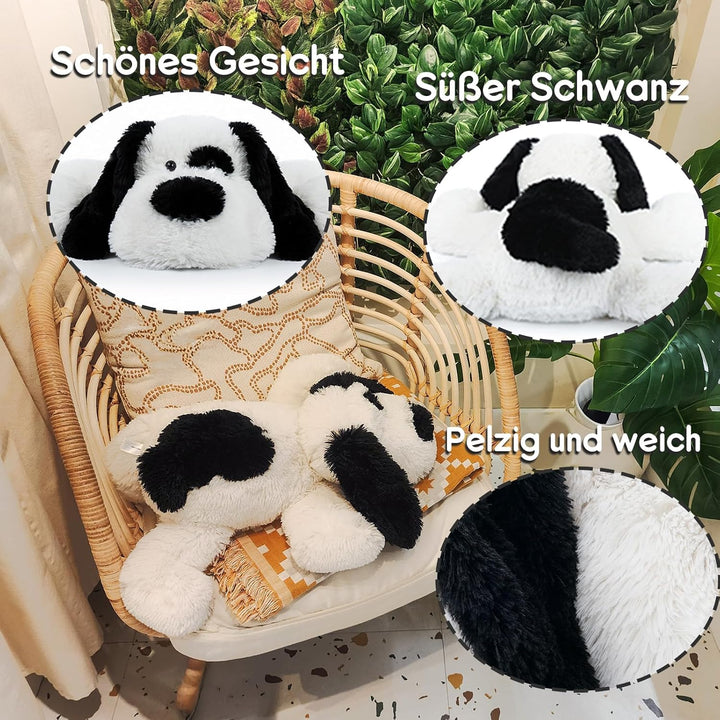 WEIGEDU Plüschhund Kuscheltier Schwarz-Weiss – Weiches Stofftier Hund 50 cm, Liegender Kuschelhund P