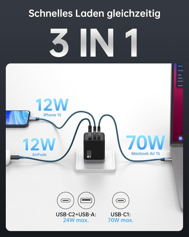 NOVOO 100W USB C Ladegerät GaN Ⅲ 3-Port USB C Netzteil Schnellladegerät PD MacBook Charger mit Ladek