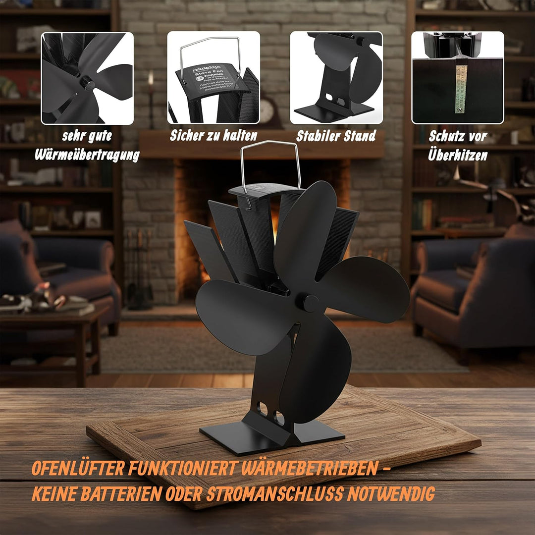 Relaxdays Ofenventilator ohne Strom, geräuscharm, für Kamin & Ofen, hitzebetrieben, 4 Blätter, Kamin