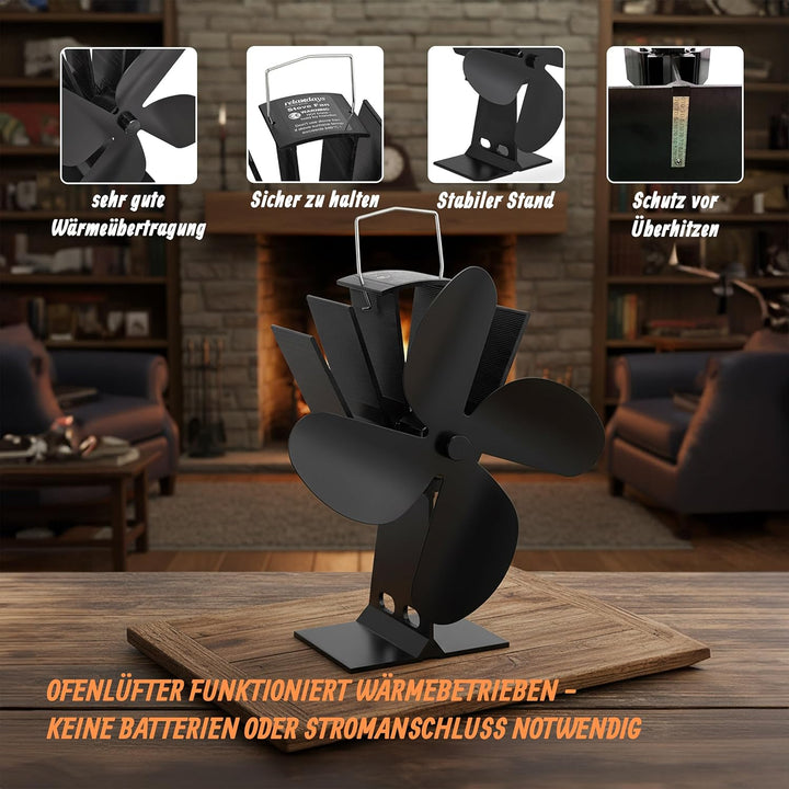 Relaxdays Ofenventilator ohne Strom, geräuscharm, für Kamin & Ofen, hitzebetrieben, 4 Blätter, Kamin