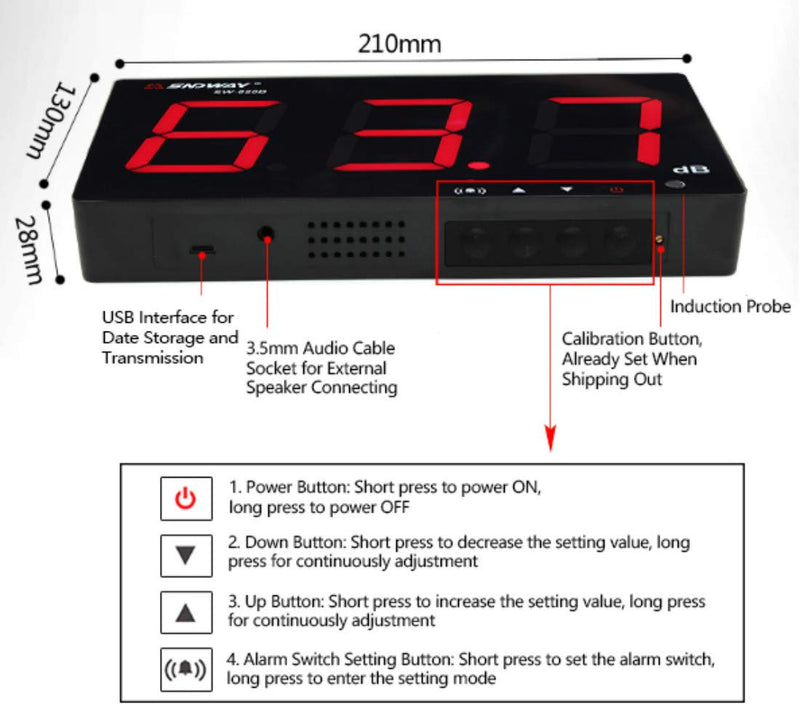 30~130 dB Schallpegelmesser 9,6"LCD Dezibel messgerät display USB Wandbehang Rauschmessung Tester mi