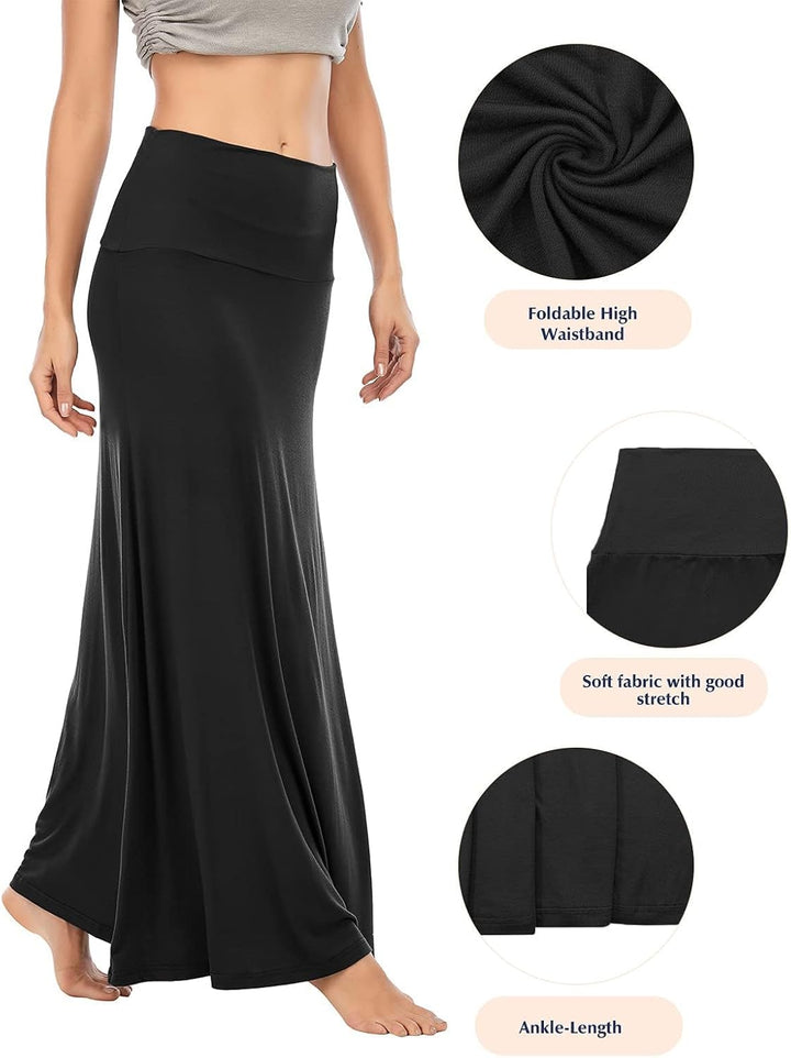 Durio Rock Maxirock Lang Damen Rock Weich Sommerrock Elegant Freizeitrock mit Hohem Bund Elastisch S