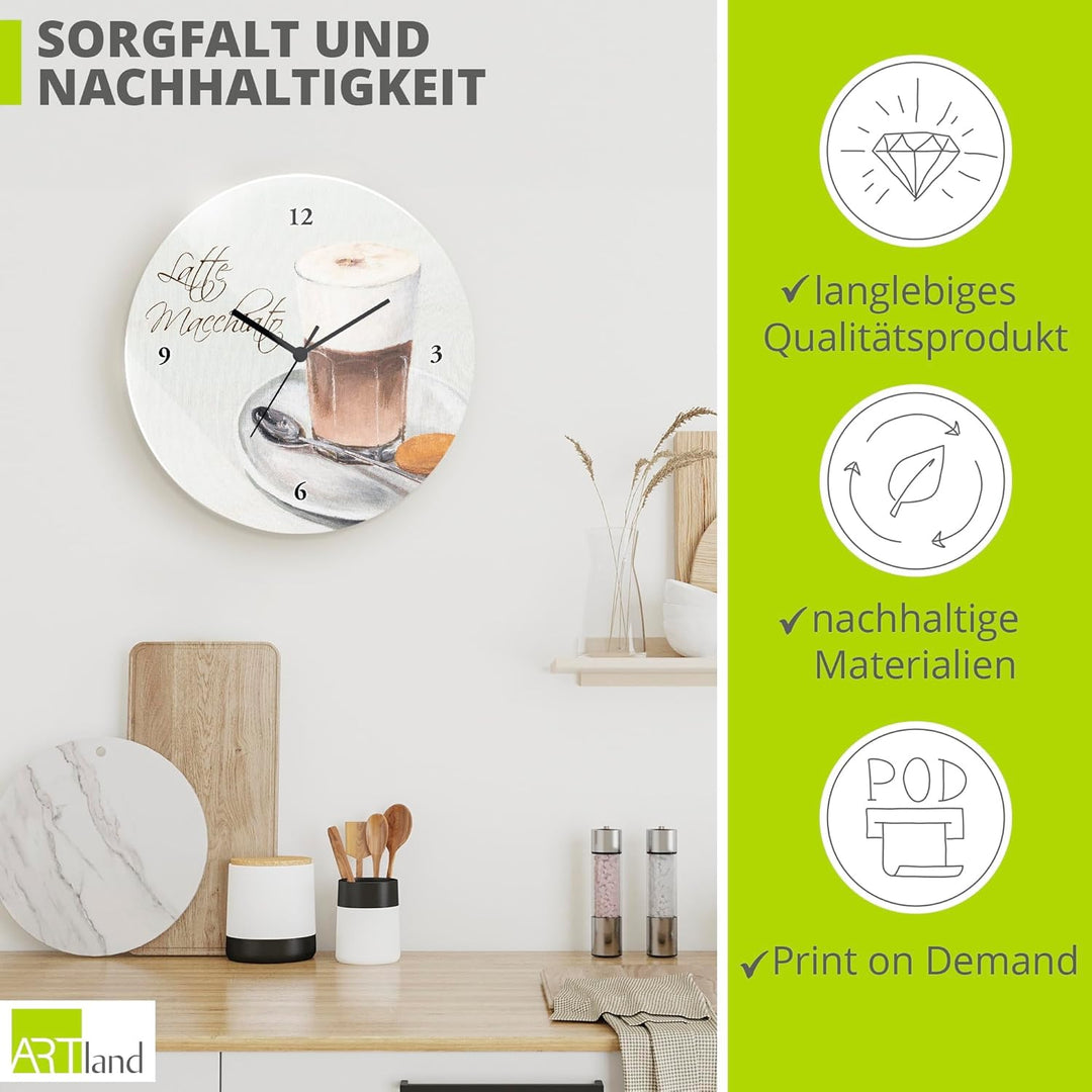 ARTLAND Wanduhr ohne Tickgeräusche Glas Quarzuhr Ø 30 cm Rund Lautlos Kaffee Coffee Cafe Latte Macch
