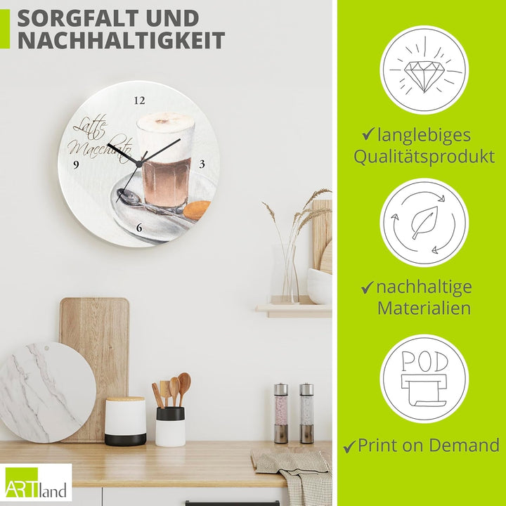 ARTLAND Wanduhr ohne Tickgeräusche Glas Quarzuhr Ø 30 cm Rund Lautlos Kaffee Coffee Cafe Latte Macch