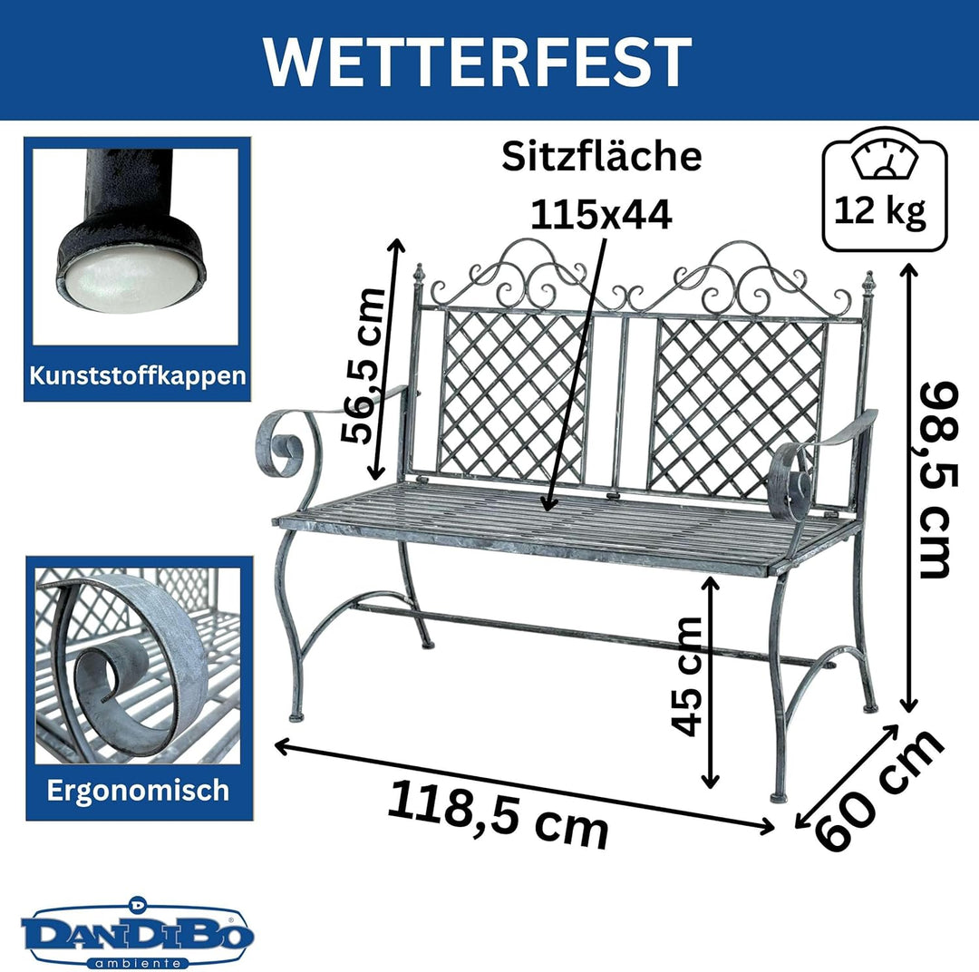 DanDiBo Gartenbank Wetterfest 2 Sitzer Metall Grau 120 cm 96592 Sitzbank Eisen Bank Garten Antik Par