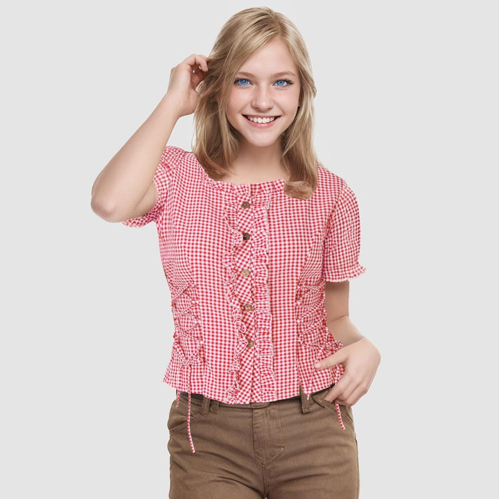 Trachtenbluse Damen Modern Karierte Bluse Oktoberfest Outfit Elegant Kurzarm Landhausmode Shirt Spit