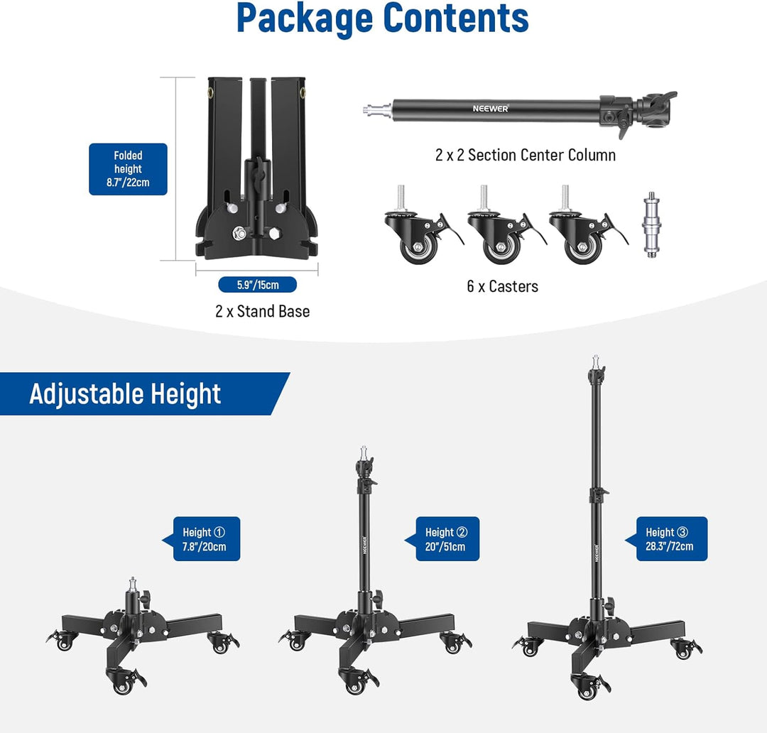 NEEWER 2er Pack Schwerlast Lichtstativ mit Rollen, 2,4Fuss max. Höhe, Faltbarer Stativständer für Au