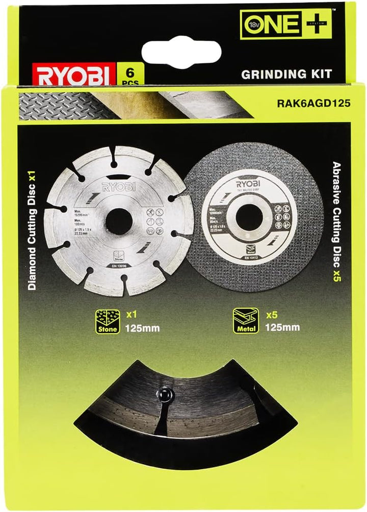RYOBI Schleifscheiben für Winkelschleifer RAK6AGD125 (1x Diascheibe, 5x Trennscheibe, für Winkelschl