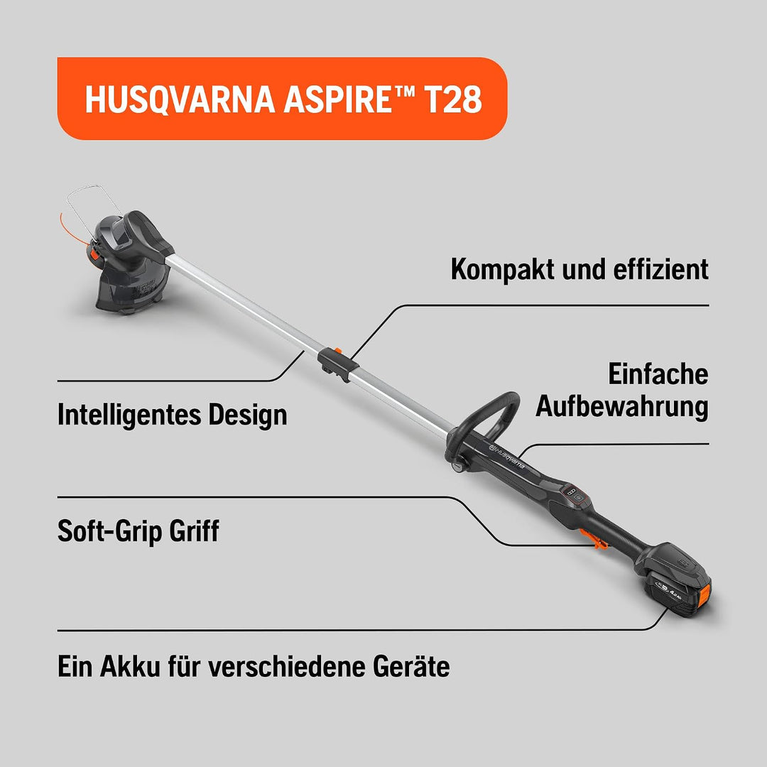 Husqvarna Akku Rasentrimmer Aspire T28-P4A 2P mit 18 V 4,0Ah Akku (P4A 18-B72) und Ladegerät (P4A 18