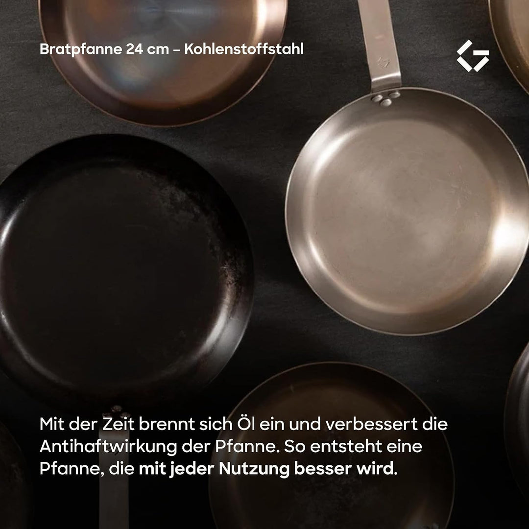 Gastrotools Carbonstahl Bratpfanne 24cm, natürliche Antihaft-Oberfläche ohne PFAS, Ofenfest bis 650°