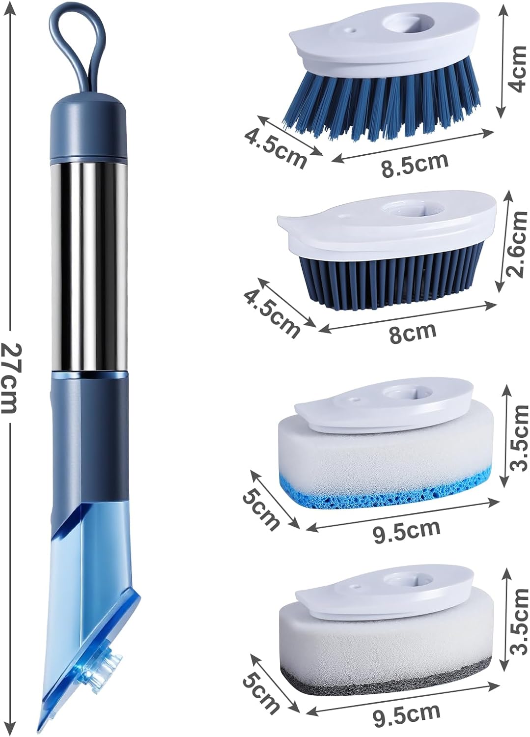 Spülbürste mit Spülmittelspender, Zvonema Küchenbürste mit ergonomischem Langer Griff, 4 Hochwertige