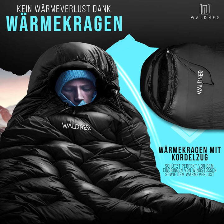WALDNER Daunenschlafsack Ultraleicht, kleines Packmass, 4 Jahreszeiten, 800g Daunen, 600FP Bauschkra