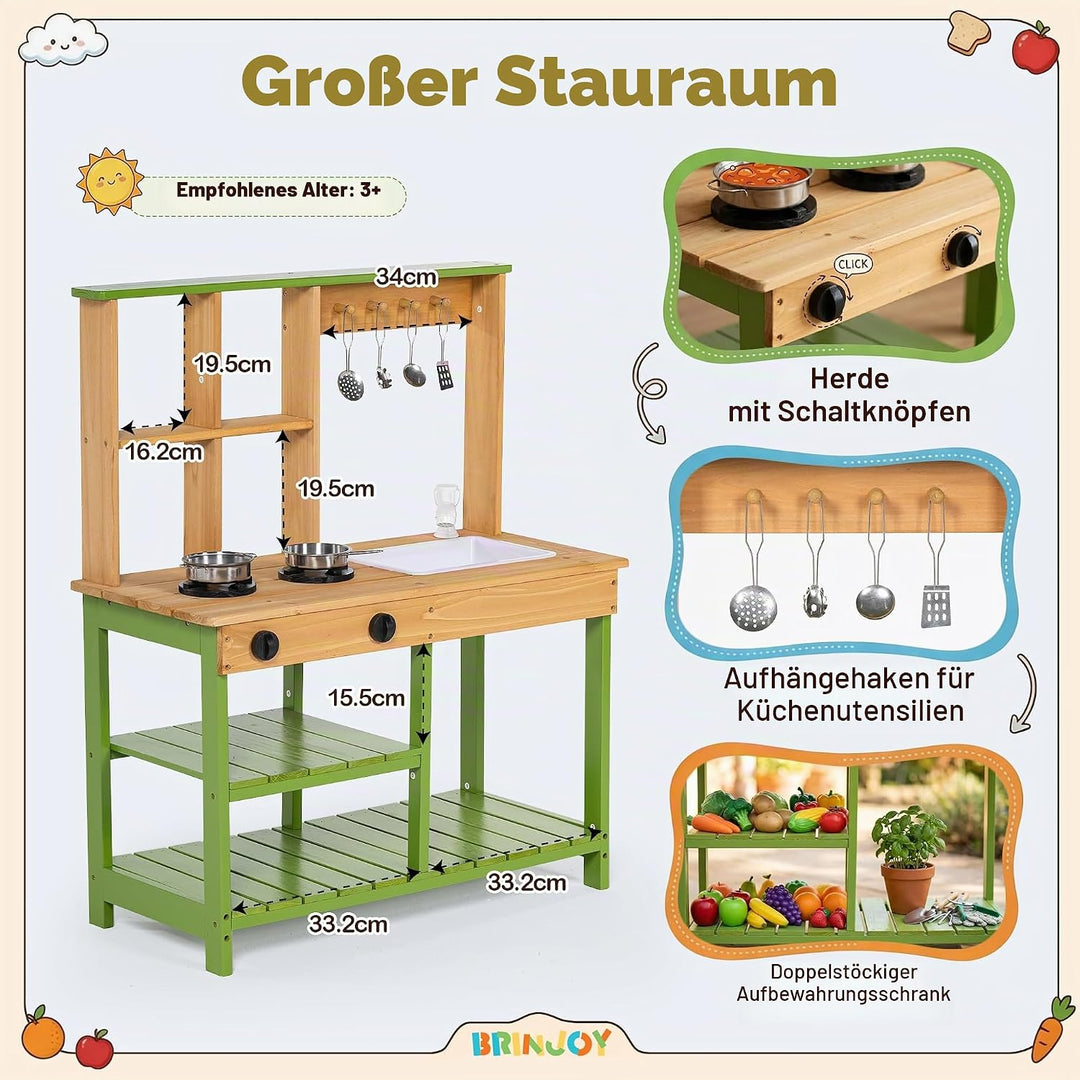 BRINJOY Matschküche Kinder Outdoor, Spielküche Kinder Holz-Matschküche für draussen mit realistische
