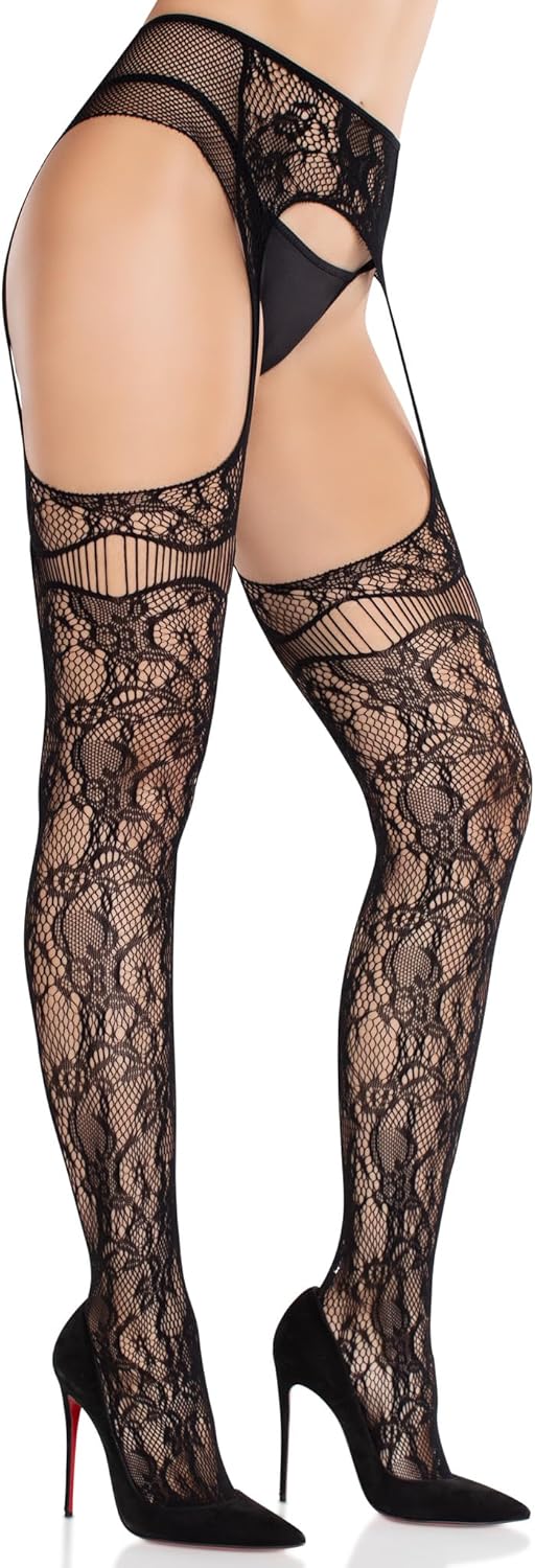 LEG AVENUE Damen Bloom Net Stockings With Cut-out Thigh Detail And Attached Garter Belt Netzstrümpfe