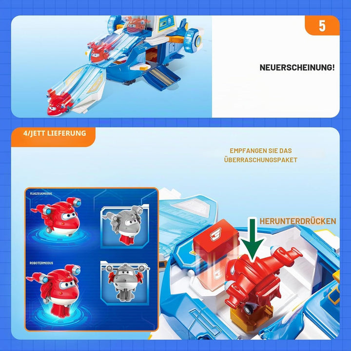 Super Wings Spielset Airport World Aircraft + 2 Spielflugzeug- und Transform-a-Bots-Figuren aus Staf