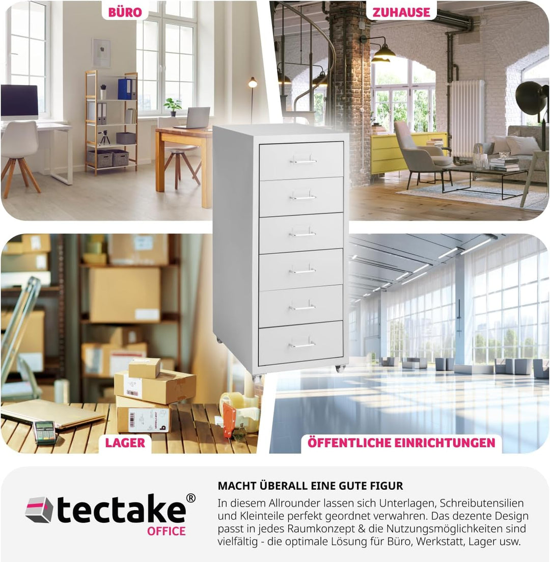tectake® Metall Rollcontainer, Büromöbel für Schreibtisch, Büro Organizer mit 6 Schubladen, Schublad