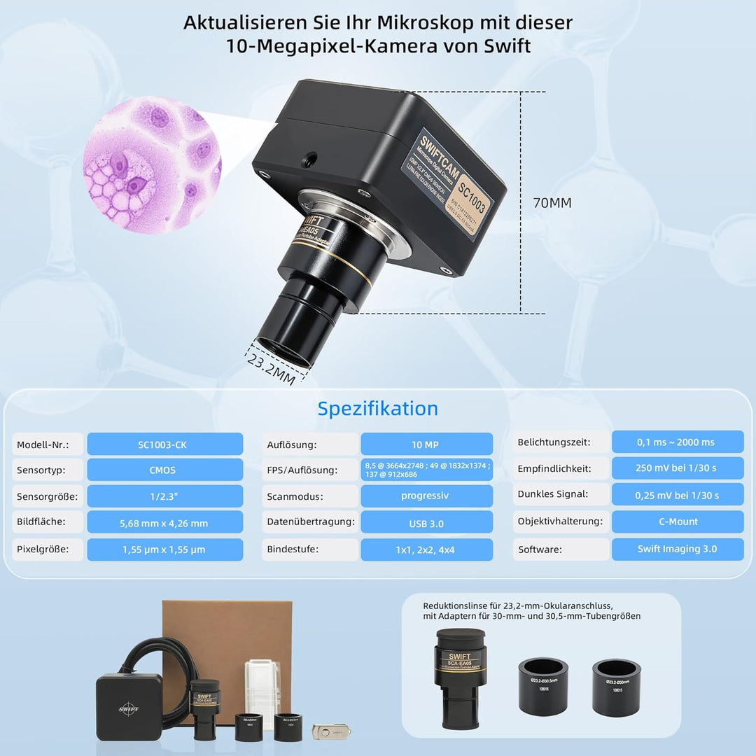 Swiftcam 10 Megapixel Kamera für Mikroskope, mit Reduzierobjektiv, Kalibrierungskit, Eyetube-Adapter