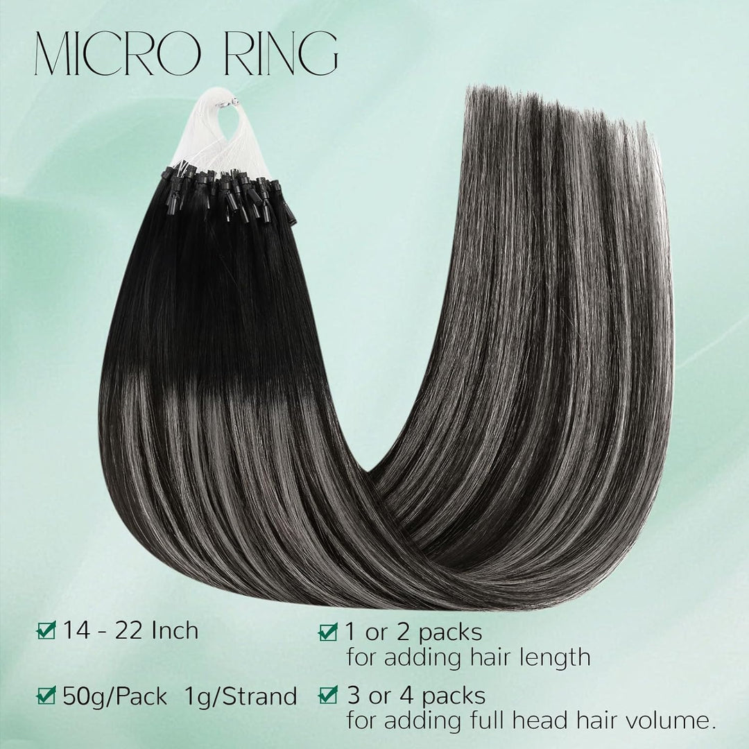 Easyouth Balayage Microring Extensions Echthaar Microring Extensions Off Black Mix Silber und Off Bl