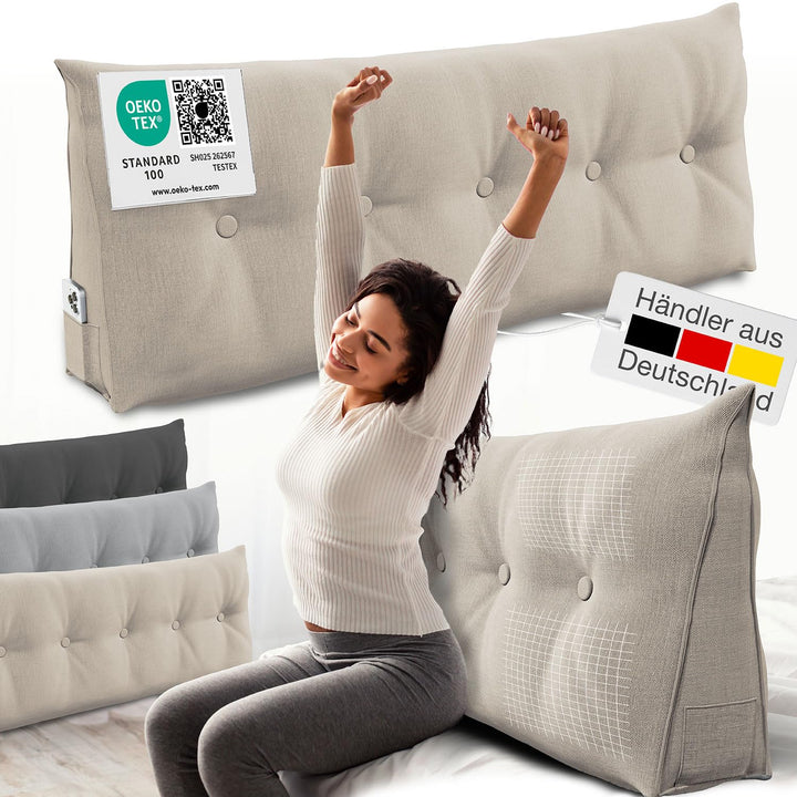 ELONEO Rückenkissen 140 cm breit, Keilkissen für Bett und Sofa geeignet, dreieckiges Lesekissen, Kis
