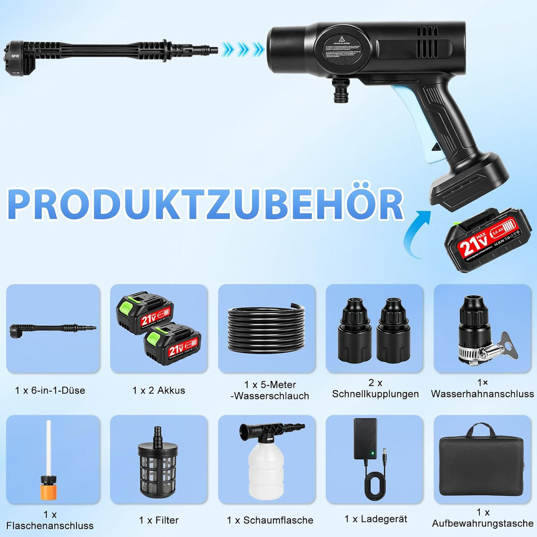 Akku Hochdruckreiniger, Mobiler hochdruckreiniger mit 2×3.0Ah Akkus, 6-in-1 Multifunktionale, 5M Sch