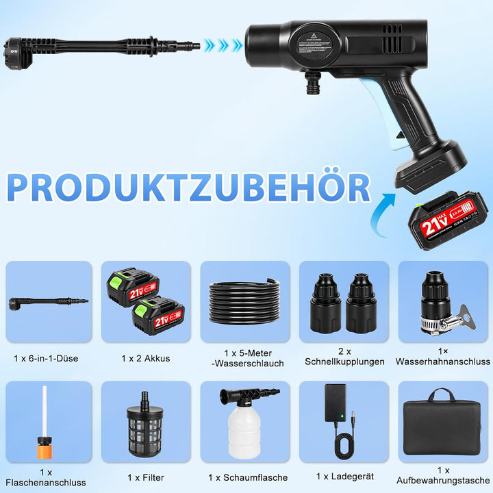 Akku Hochdruckreiniger, Mobiler hochdruckreiniger mit 2×3.0Ah Akkus, 6-in-1 Multifunktionale, 5M Sch