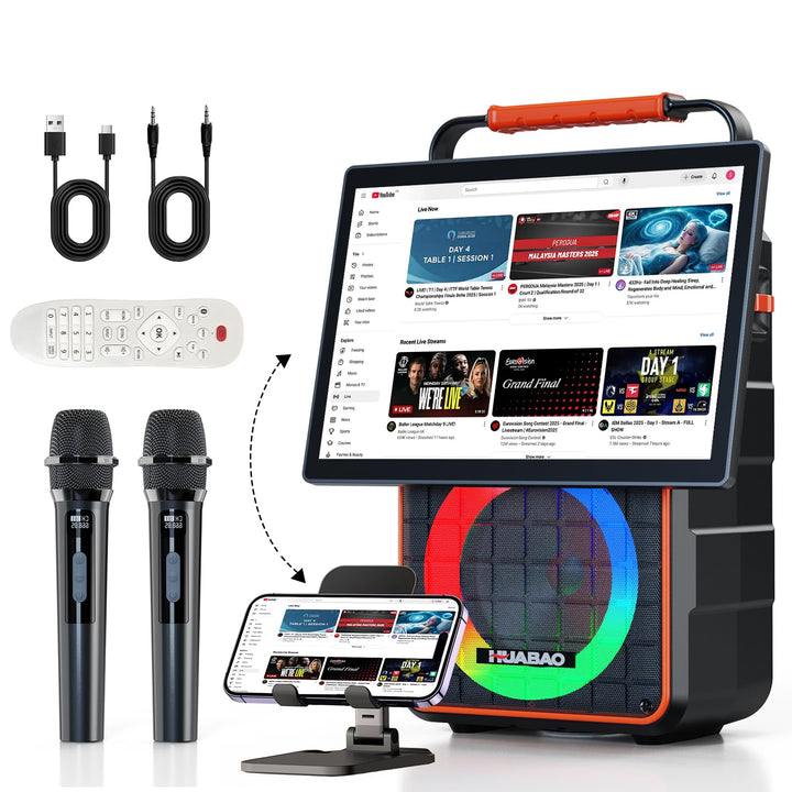 Tragbarer Bluetooth-Karaoke-Lautsprecher mit 14,1-Zoll-HD-Bildschirm, kabelloser Bildschirmspiegelun