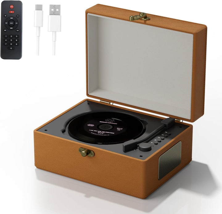 Tragbarer CD-Player mit Bluetooth, Fernbedienung, 3600 mAh Akku, 20 x 15 x 10 cm, 1,3 kg, Braun