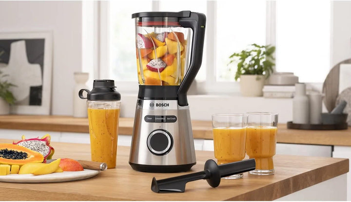 Bosch Standmixer VitaPower Serie 4 MMB6384M, Edelstahl-Klingen, 1,5l ThermoSafe Glasbehälter, Stopfe