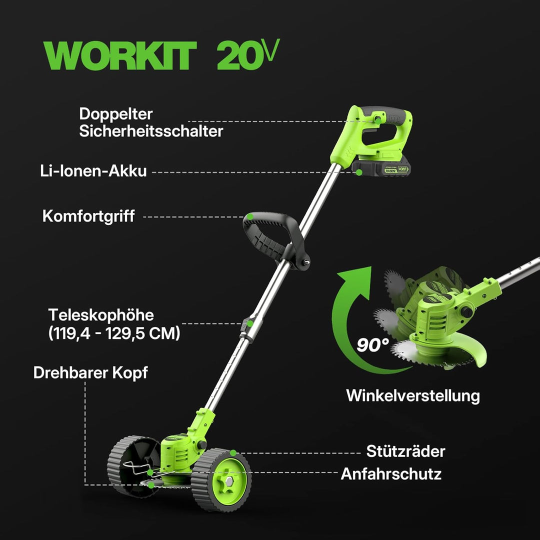 WORKIT 800W Akku Rasentrimmer mit Rädern, 3-in-1 Freischneider Akku & Rasenmäher-Modus, inkl. 2x 2,0
