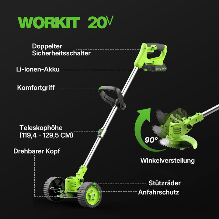WORKIT 800W Akku Rasentrimmer mit Rädern, 3-in-1 Freischneider Akku & Rasenmäher-Modus, inkl. 2x 2,0