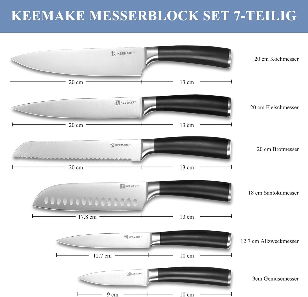 KEEMAKE Messerset mit Messerblock, 7-teilig Küchenmesser Set mit Holzblock, Scharfe Kochmesser aus E