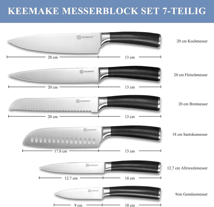 KEEMAKE Messerset mit Messerblock, 7-teilig Küchenmesser Set mit Holzblock, Scharfe Kochmesser aus E