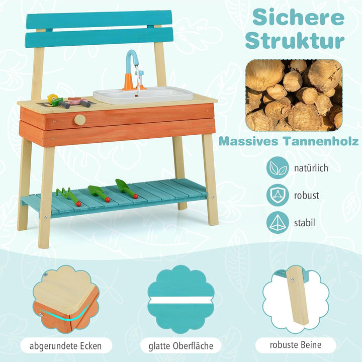 COSTWAY Matschküche Kinder Outdoor, Kinderküche Holz mit Wasserhahn & Grill, inkl. Holzspiessen, Leb