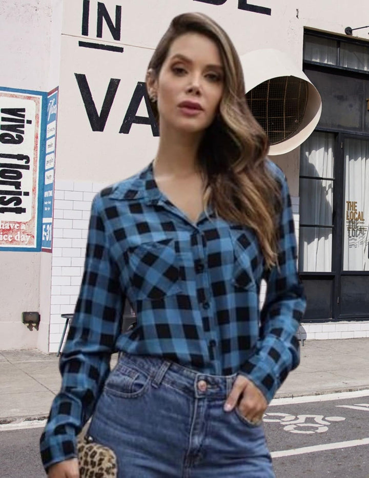 UNibelle Damen Kariertes Hemd mit Knopfleiste Kurz/Langarm Oktoberfest Bluse Karo Tunika Baumwolle T