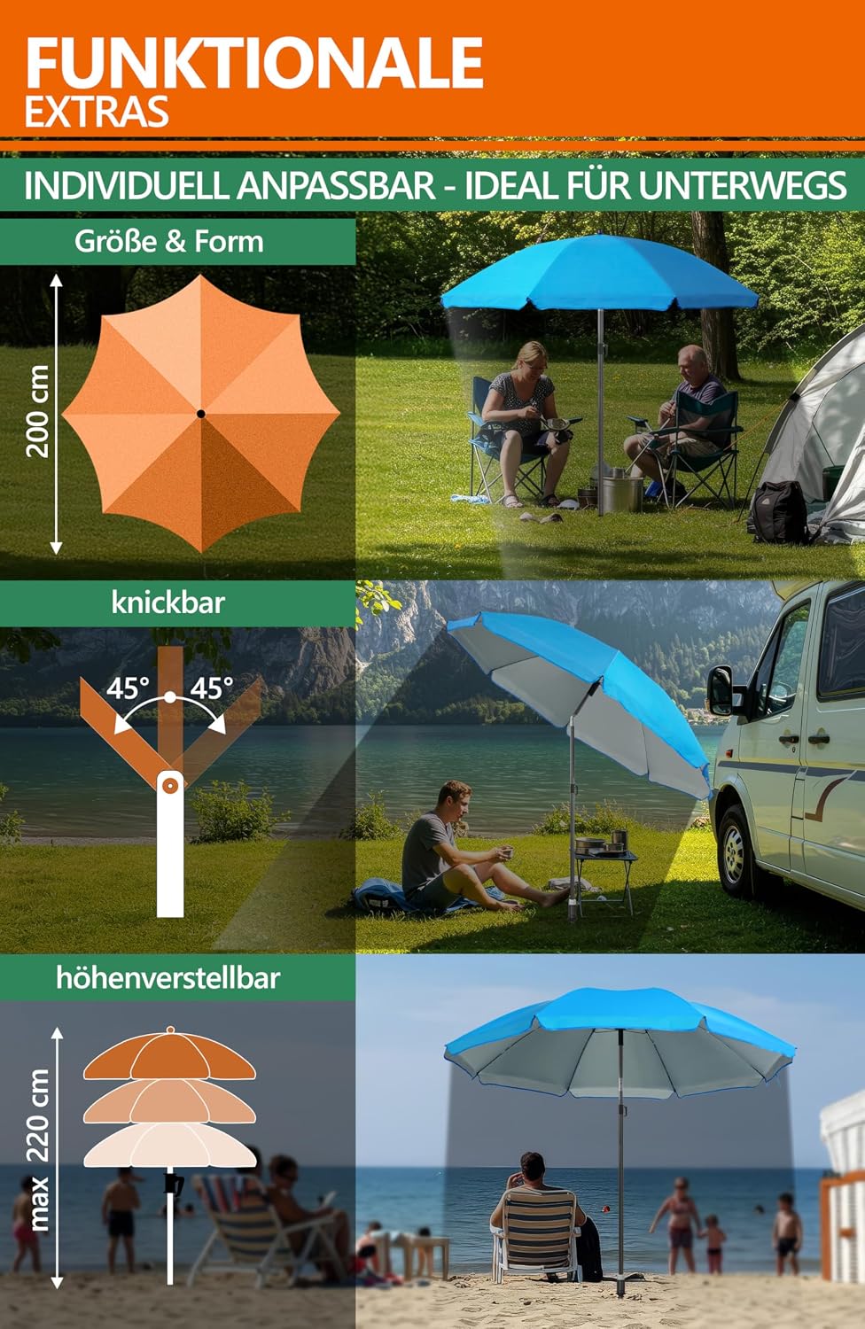 4smile Sonnenschirm Strand SunnyJoy 3-IN-1-SET, Fb. Blau - Strandschirm Ø 200 cm + Bodenhülse + Schu