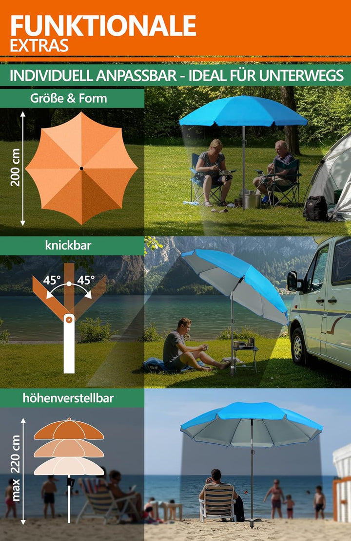 4smile Sonnenschirm Strand SunnyJoy 3-IN-1-SET, Fb. Blau - Strandschirm Ø 200 cm + Bodenhülse + Schu