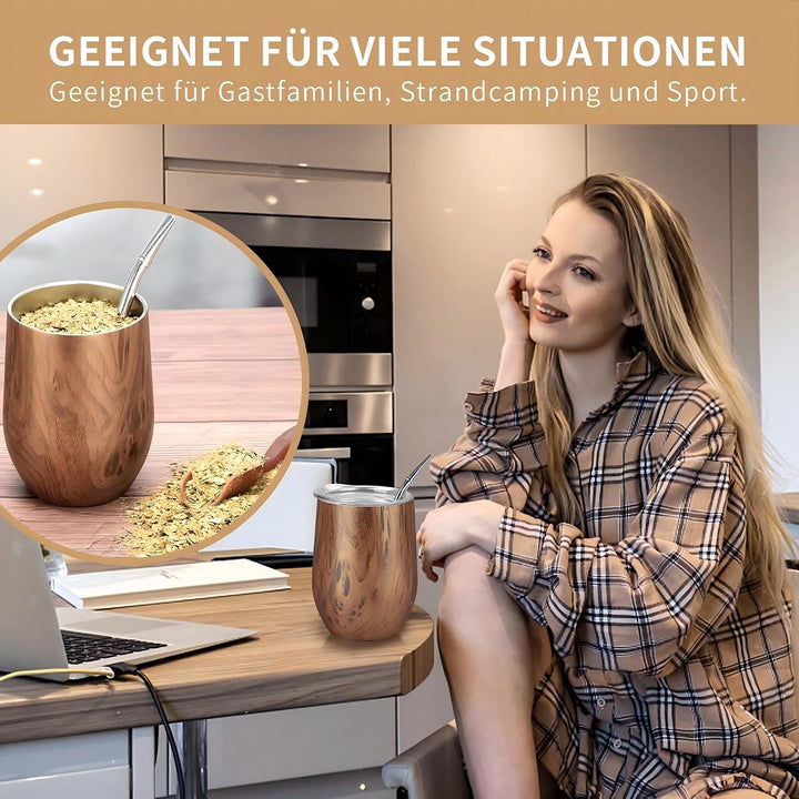 TELANKS Mate Becher, 340 ml Teetassen Set, Edelstahl doppelwand isolier Enthält Bombillas und eine R