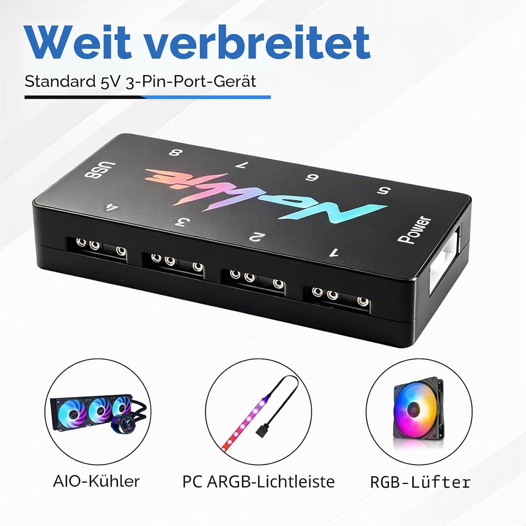 8-Port Signal RGB-Controller für PC, 5V 3-Pin SATA-gespeister ARGB-Controller PC-Beleuchtungs-Hub, F