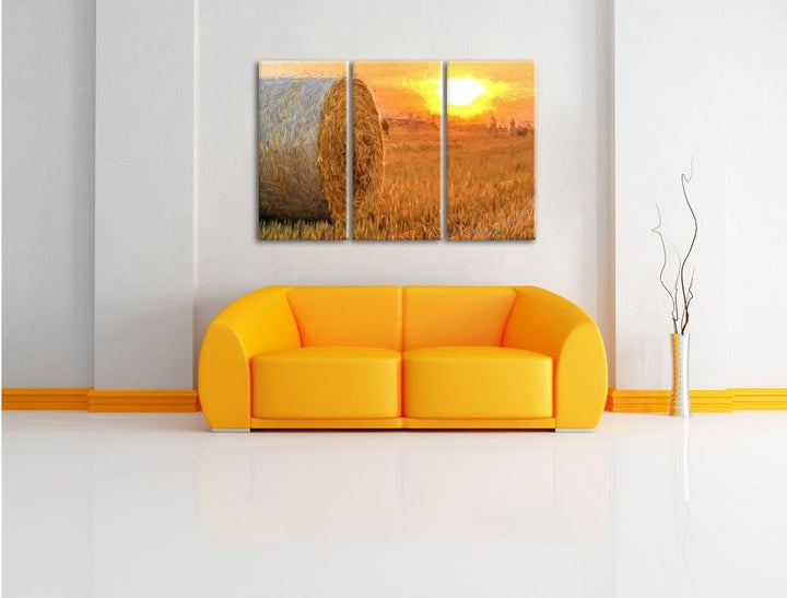 Pixxprint Strohballen auf Feld als Leinwandbild/Grösse: 3 Teilig (120x80 cm) cm/Wandbild/Kunstdruck/