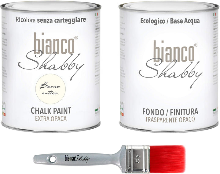 bianco Shabby® Kreidefarbe Set für Alle Oberflächen - 1 L Bianco Antico Farbe & 1 L Versiegelung Plu
