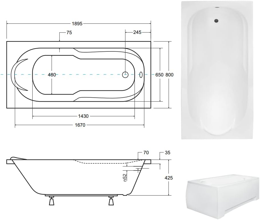KOLMAN Badewanne BONA Rechteck 190x80 ohne Verkleidung, Ablaufgarnitur und Füssen Komplettset 3in1 P