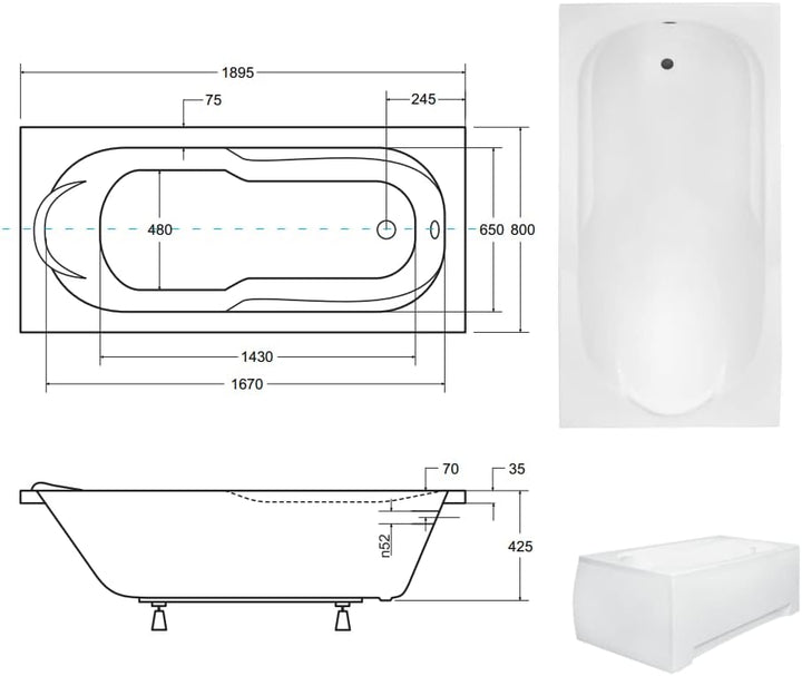 KOLMAN Badewanne BONA Rechteck 190x80 ohne Verkleidung, Ablaufgarnitur und Füssen Komplettset 3in1 P