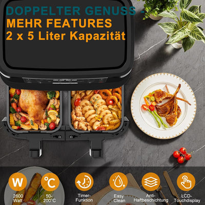 Heissluftfritteuse 2 Kammern mit Sichtfenster, 10L XXL Kapazität Doppel-Airfryer, 8-in-1 Kochvorgabe