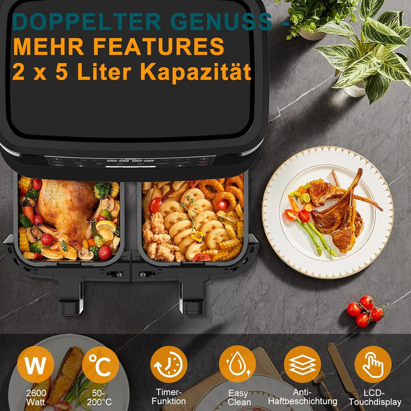 Heissluftfritteuse 2 Kammern mit Sichtfenster, 10L XXL Kapazität Doppel-Airfryer, 8-in-1 Kochvorgabe