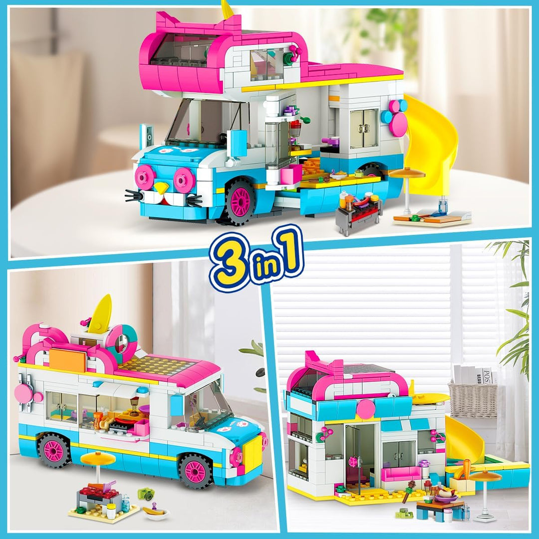 3-in-1 Wohnmobil Bausteine Spielzeug, Campingbus Wohnwagen Konstruktionsspielzeug mit Rutsche und Au