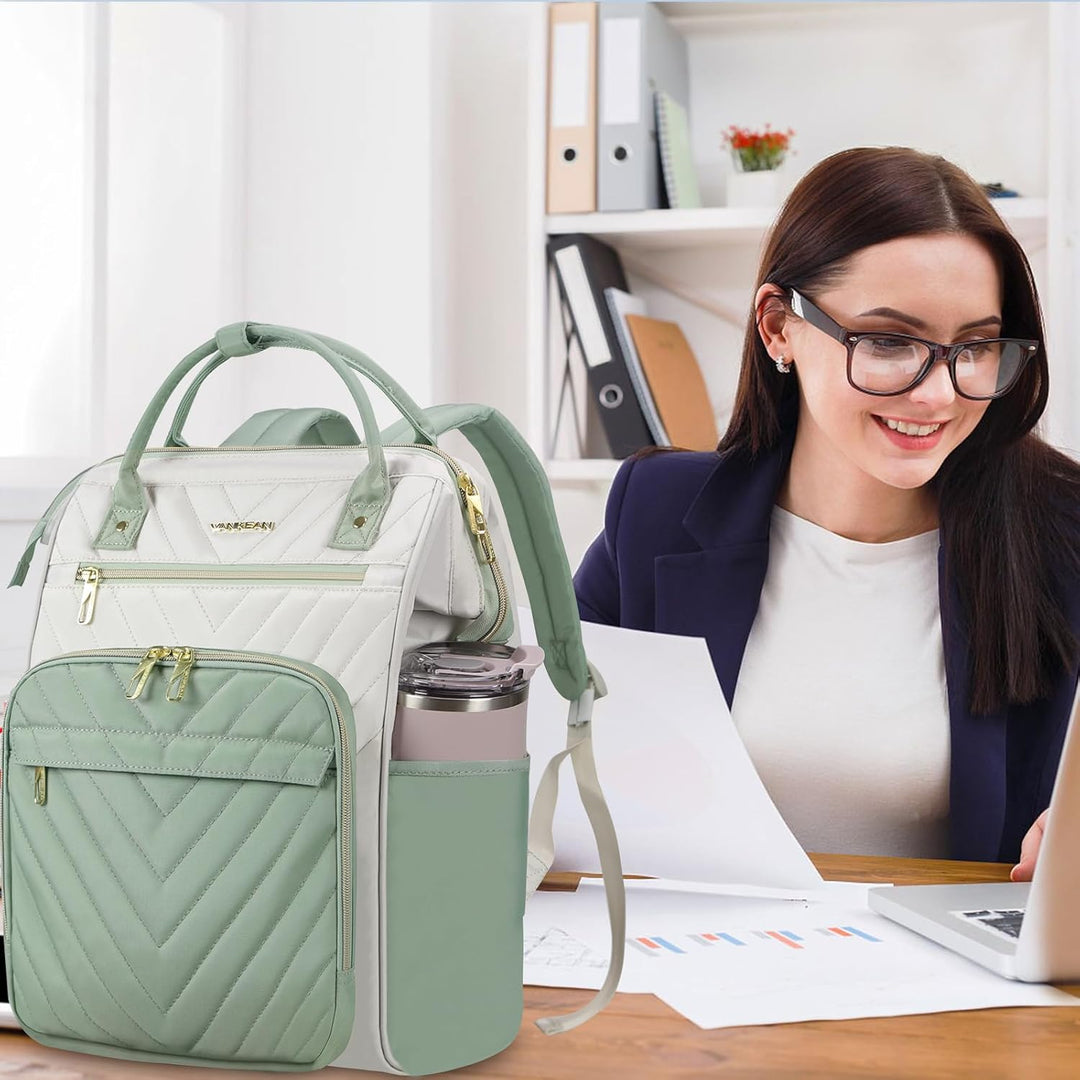 VANKEAN 15.6 Zoll Laptop-Rucksack für Damen – Herren, Beige-Hellgrün | Computer Arbeitstasche, Gross